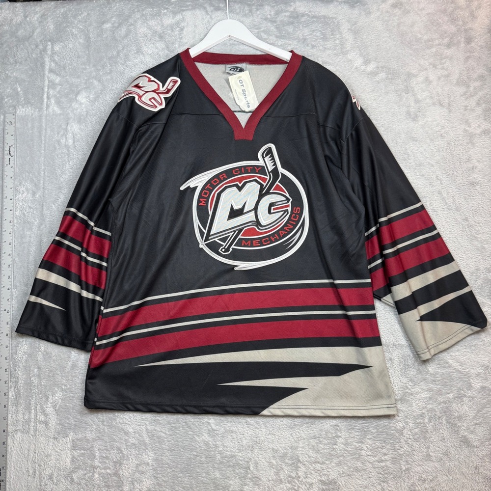 OT Sports Motor City Mechanics Hockey Jersey Mens Large Black Red UHL Y2K